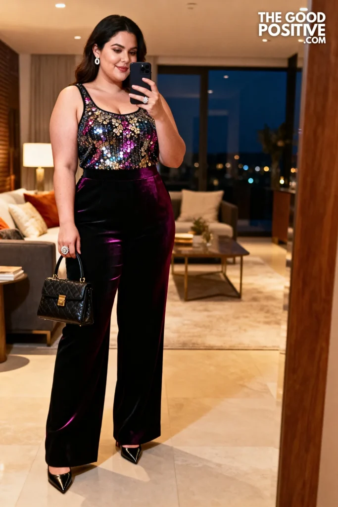 Plus Size Embellished Tank and Wide-Leg Trousers Outfit
