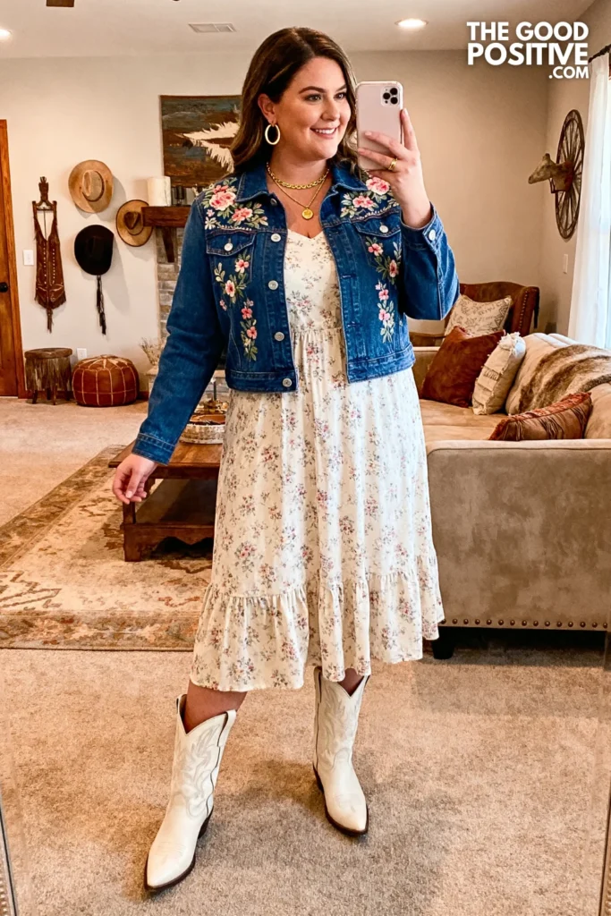 Plus Size Embroidered Denim Jacket With Floral Midi Dress And Ivory Cowgirl Boots Outfit