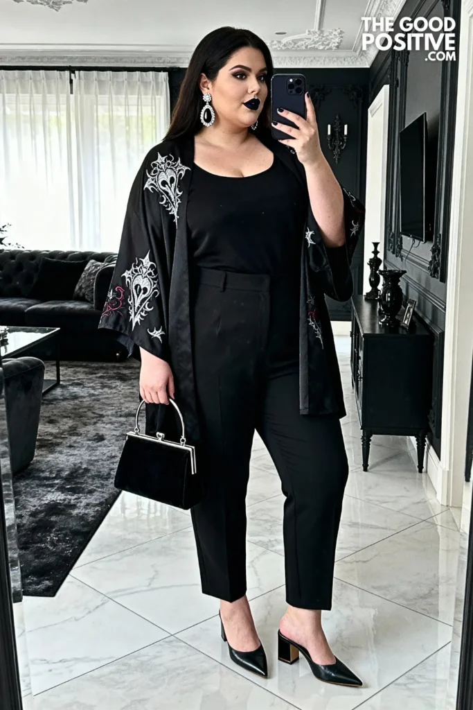 Plus Size Embroidered Kimono Sleeve Top with Cigarette Pants Outfit