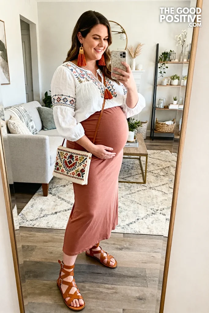 Plus Size Embroidered Peasant Blouse and Maternity Maxi Skirt Outfit