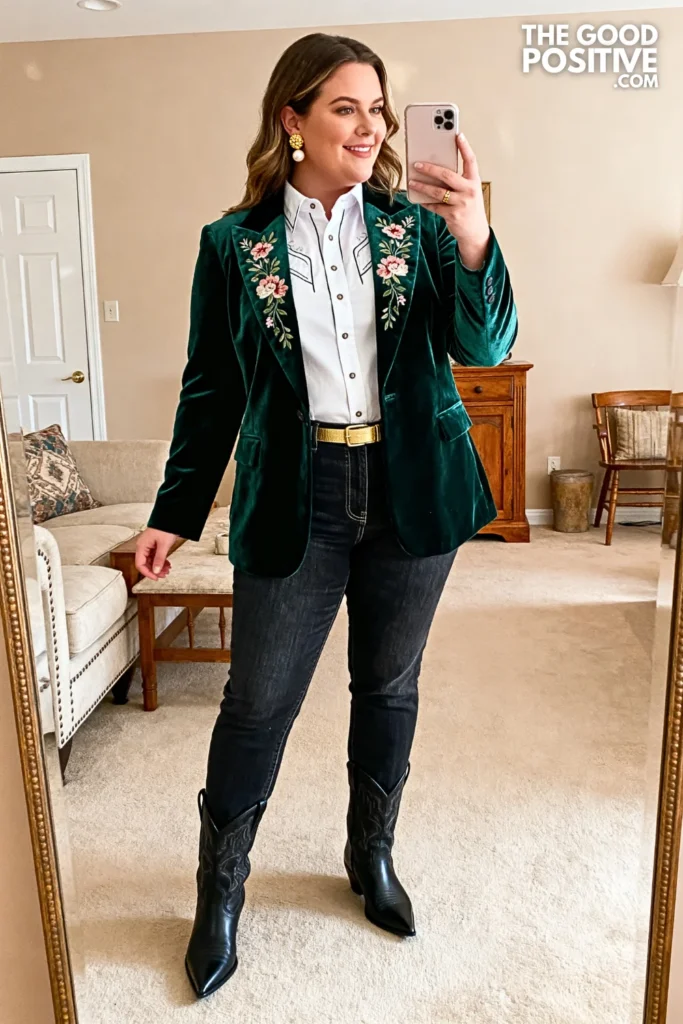 Plus Size Embroidered Velvet Blazer & Dark Jeans Dressy Country Chic Outfit