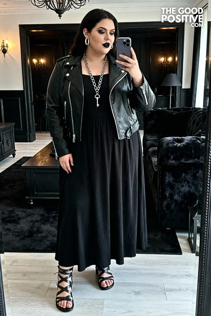 Plus Size Empire Waist Maxi with Moto Jacket Outfit
