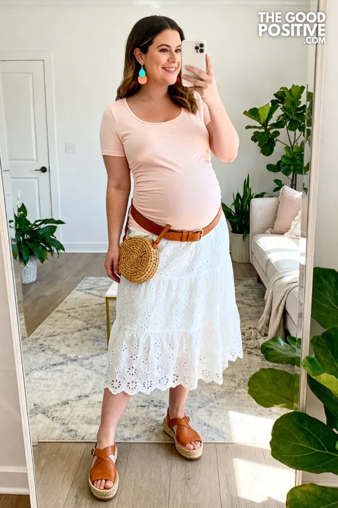 Plus Size Eyelet Cotton Midi Skirt and Fitted Maternity Tee Outfit