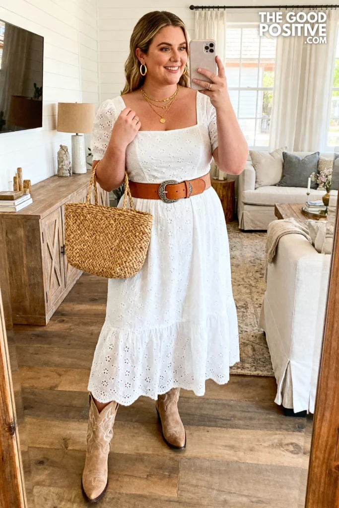 Plus Size Eyelet Cotton Sundress & Western Tooled Leather Belt Cowgirl Spring Outfit