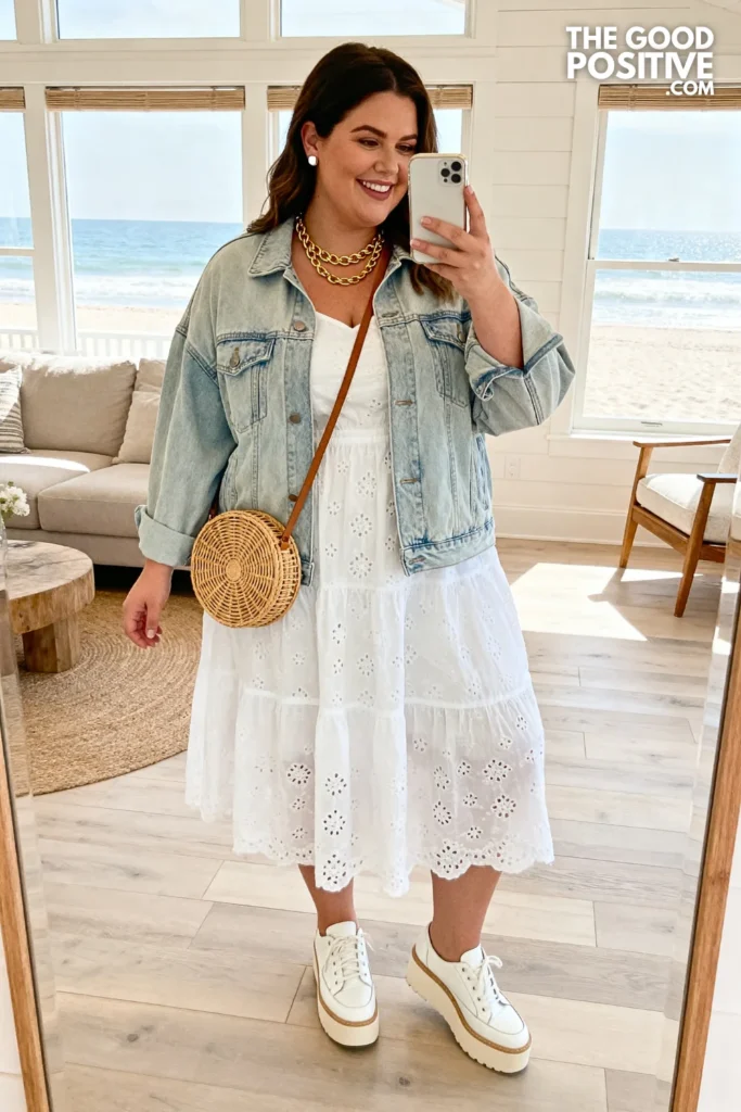 Plus Size Eyelet Cotton Sundress With Denim Jacket Casual Holiday Outfit