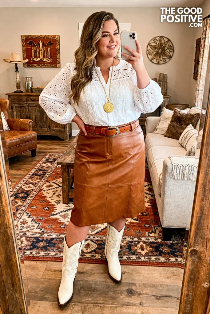 Plus Size Eyelet Lace Blouse With Cognac Leather Skirt And Ivory Cowgirl Boots Outfit
