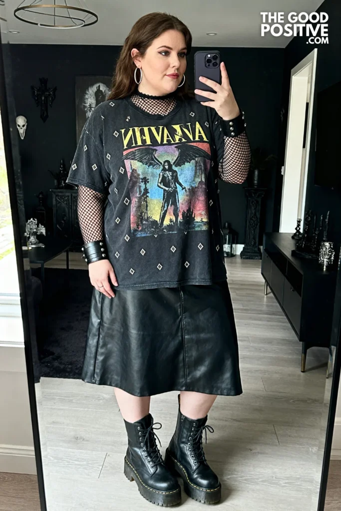 Plus Size Fishnet Long Sleeve Top Under Band Tee and Leather Skirt Outfit