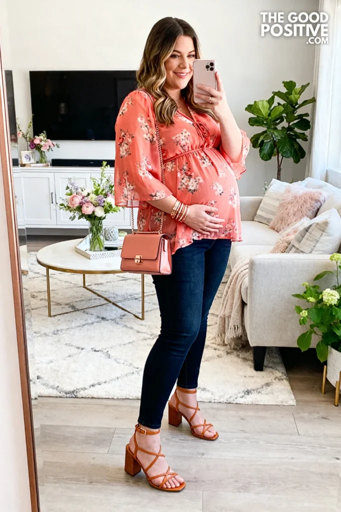 Plus Size Floral Chiffon Blouse and Maternity Skinny Jeans Outfit