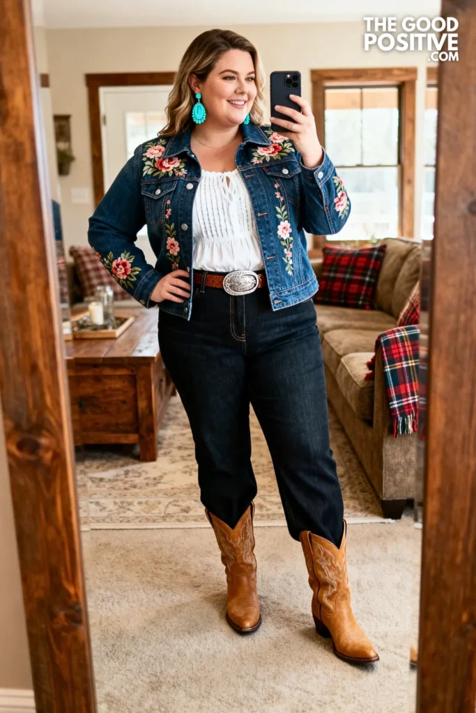 Plus Size Floral Embroidered Denim Jacket & High-Waist Bootcut Jeans Cowgirl Outfit