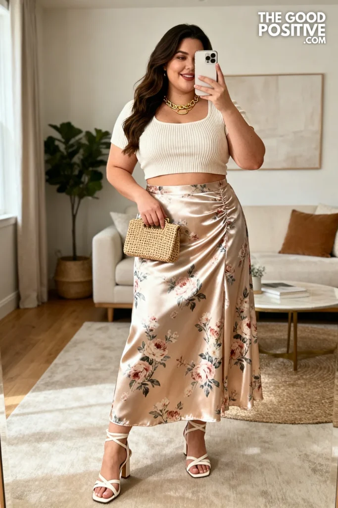 Plus Size Floral Maxi Skirt With Fitted Ribbed Crop Top Outfit