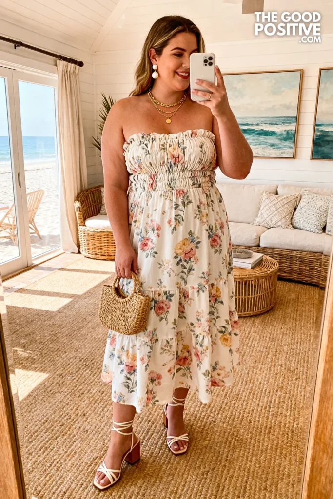 Plus Size Floral Midi Dress With Ruched Bodice Easter Brunch Outfit