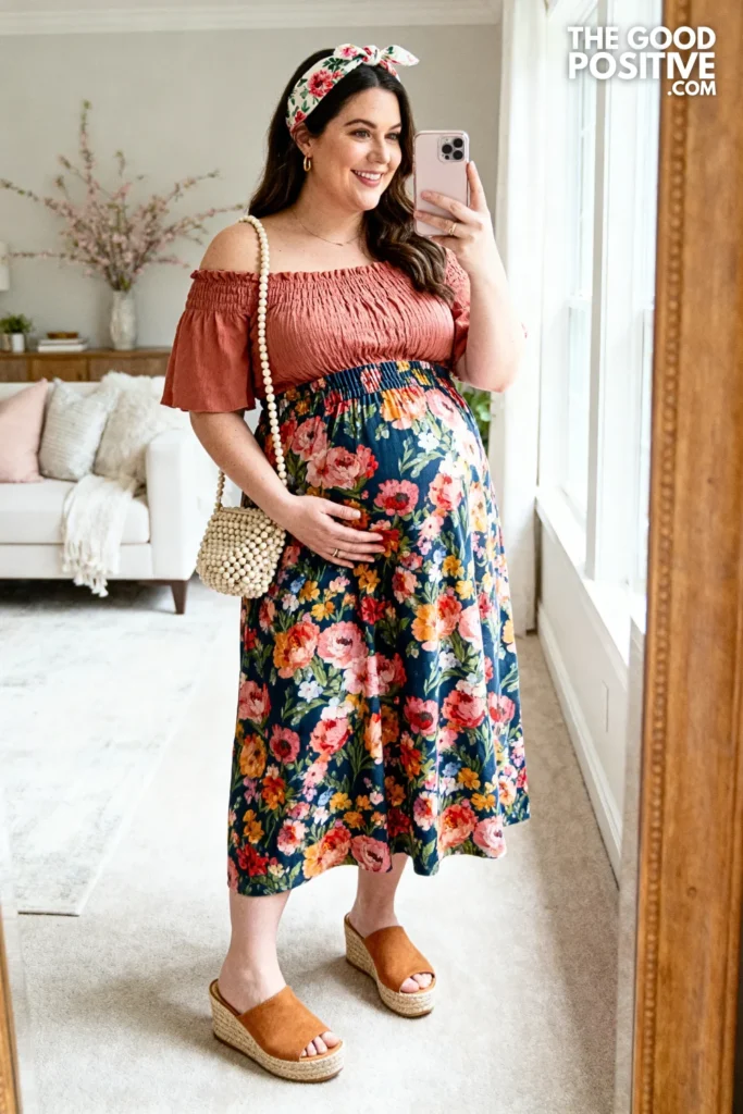 Plus Size Floral Midi Skirt and Off-Shoulder Smocked Top Outfit