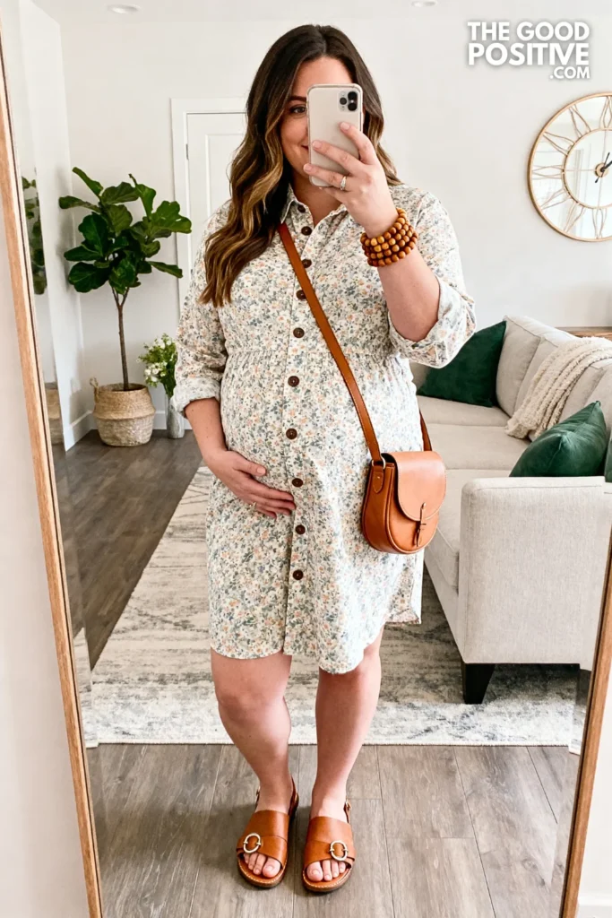 Plus Size Floral Print Maternity Shirt Dress Outfit