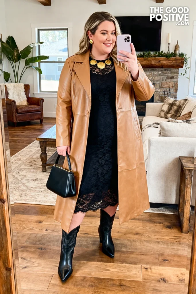 Plus Size Formal Western Lace Midi Dress & Camel Leather Duster Coat Outfit