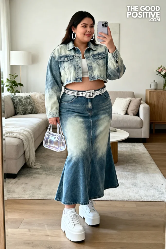 Plus Size Frosted Tip Denim Set and Crop Jacket Y2k Outfit