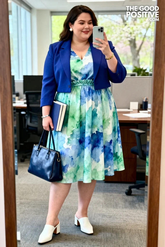 Plus Size Gathered-Waist A-Line Dress With Cropped Structured Blazer Teacher Outfit