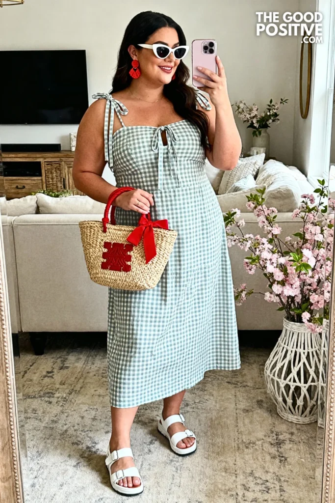 Plus Size Gingham Print Sundress with Tie Straps