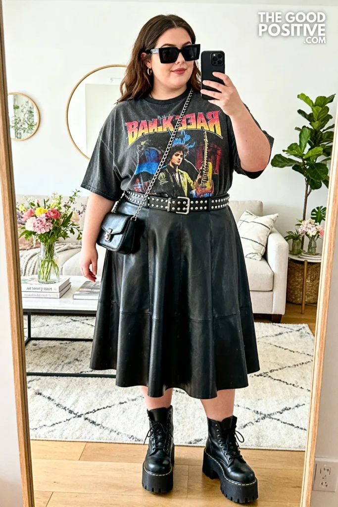 Plus Size Graphic Band Tee and Leather Skirt Grunge Outfit