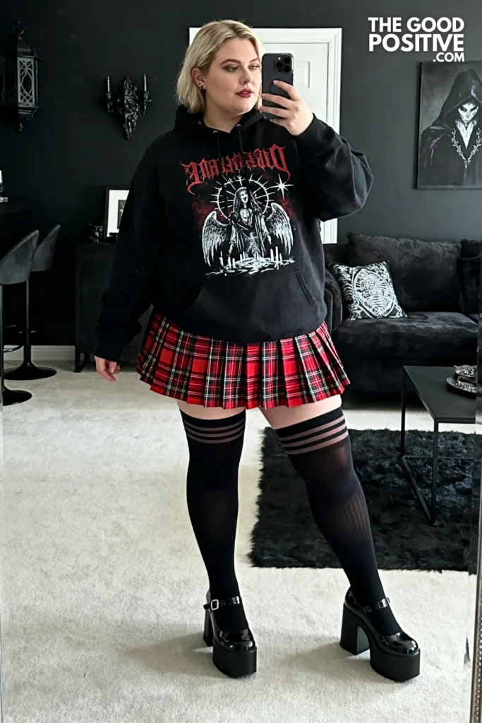 Plus Size Graphic Hoodie and Plaid Skirt with Thigh-High Socks Outfit