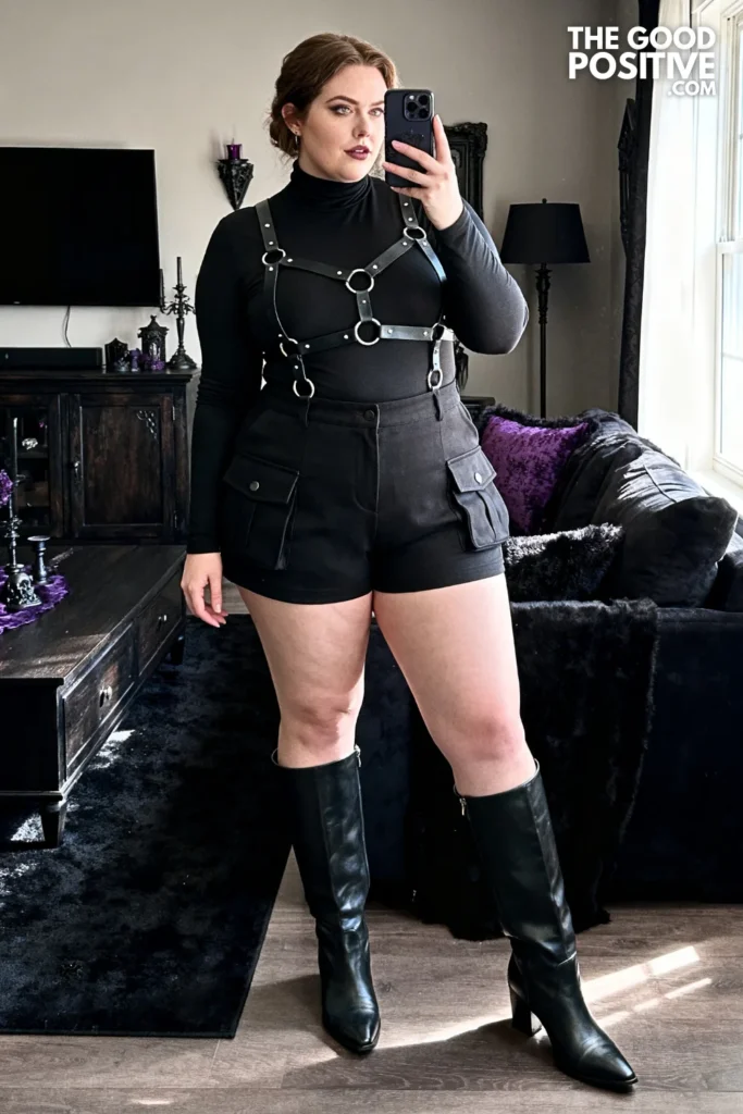 Plus Size Harness Top Over Long Sleeve Shirt and Black Shorts Outfit