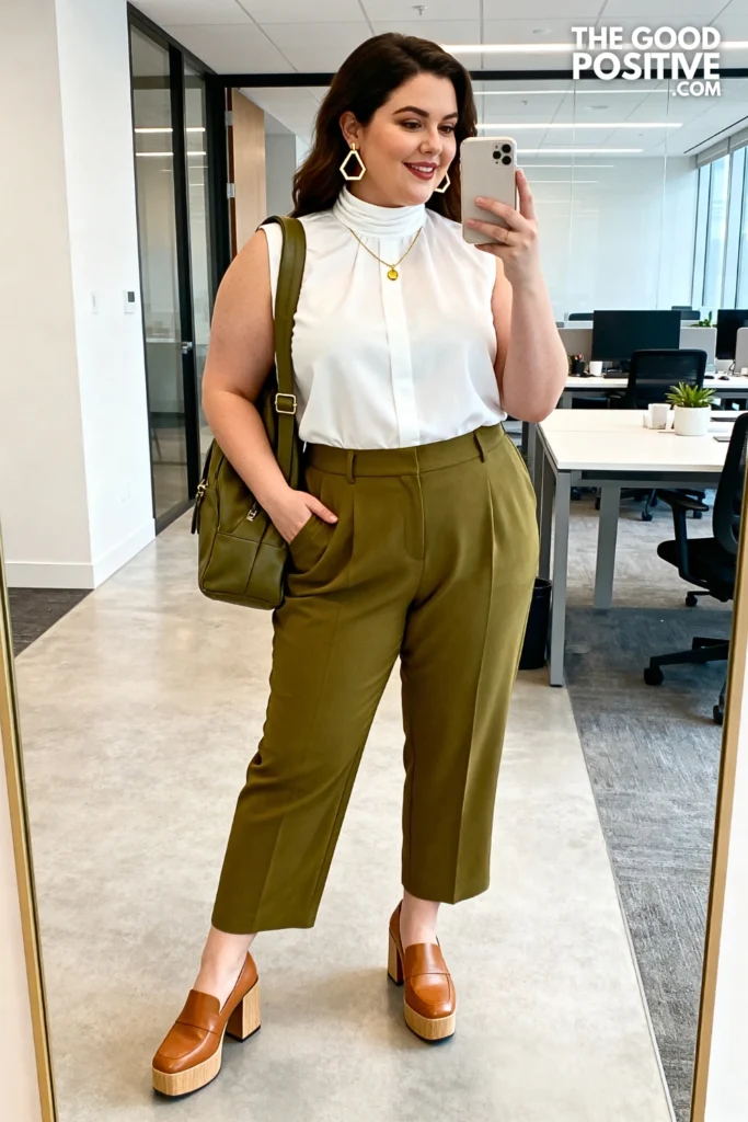 Plus Size High-Neck Sleeveless Blouse With Tailored Culottes Work Outfit