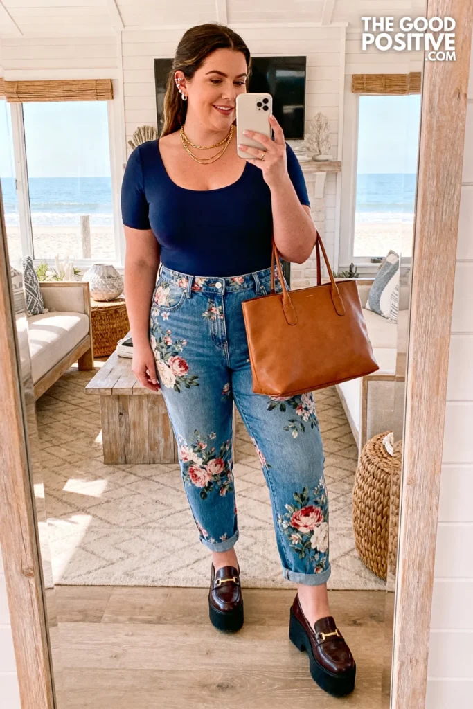 Plus Size High-Waist Floral Jeans With Fitted Bodysuit Trendy Spring Outfit