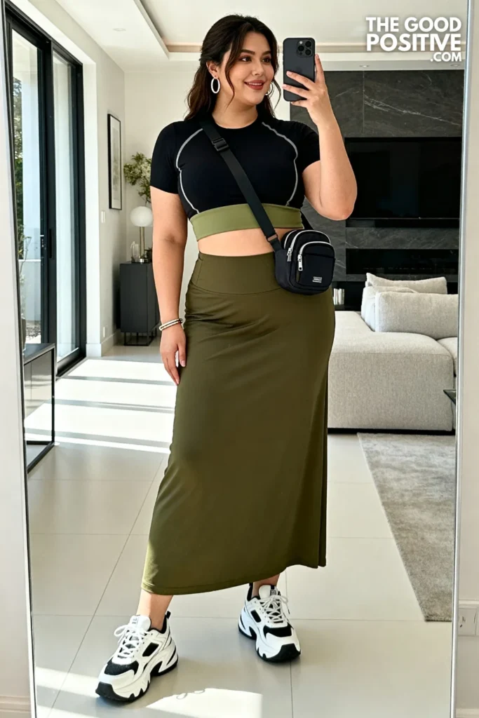 Plus Size High-Waisted Maxi Skirt With Fitted Athletic Top Outfit
