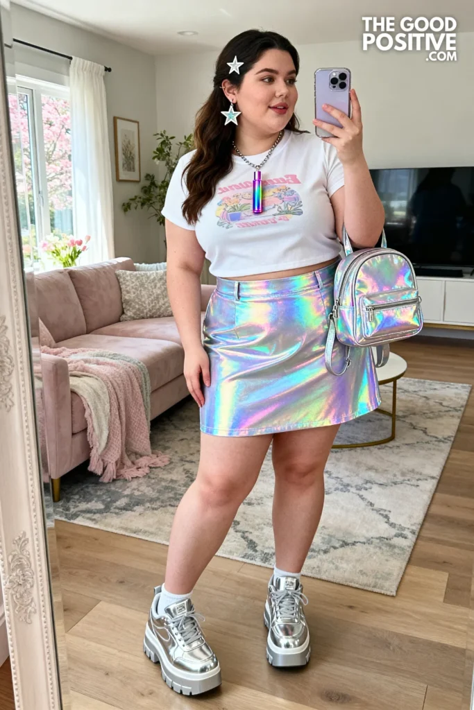 Plus Size Iridescent Holographic Mini Skirt and Fitted Tee Y2k Outfit