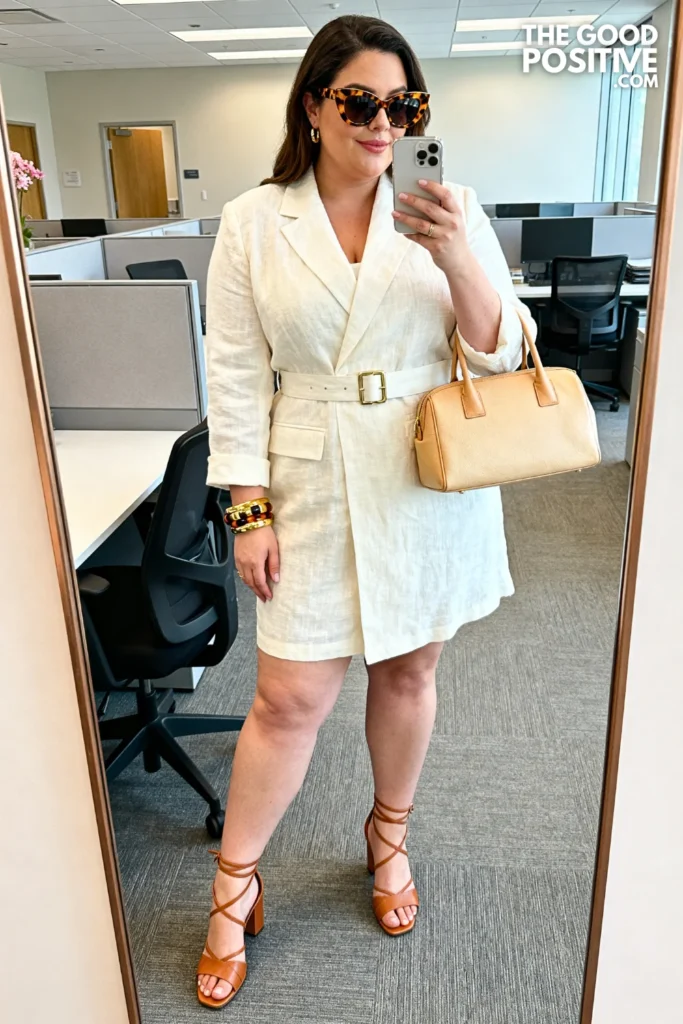 Plus Size Ivory Linen Blazer Dress With Tortoiseshell Accessories Outfit
