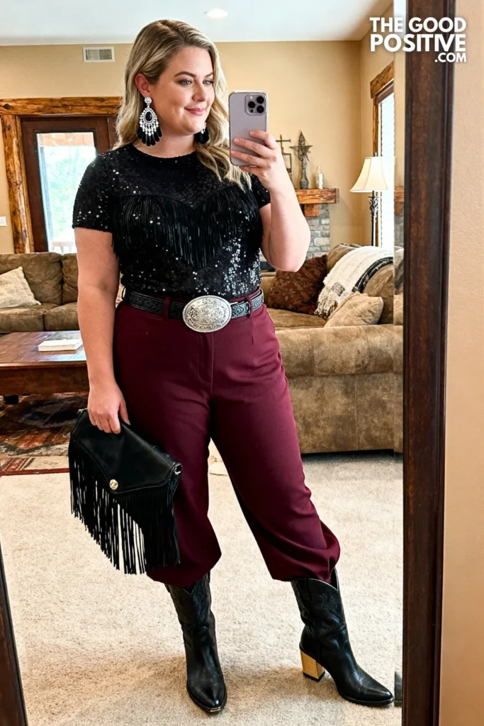 Plus Size Jaripeo-Inspired Sequin Fringe Top & Wide-Leg Trouser Dressy Western Outfit