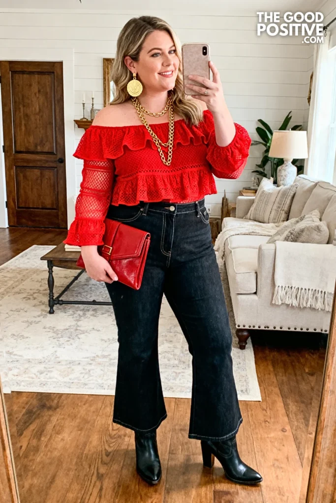 Plus Size Jaripeo Red Ruffled Off-Shoulder Top & Dark Denim Flare Pants Festive Outfit