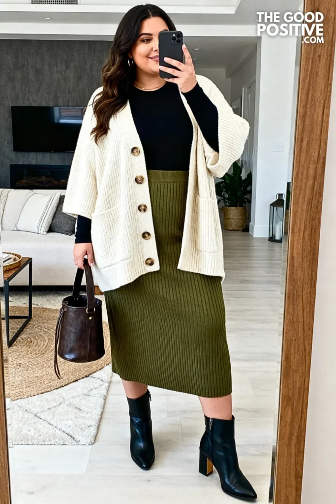 Plus Size Knit Midi Skirt with Button-Front Cardigan Outfit