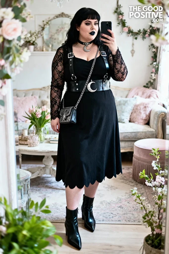 Plus Size Lace Sleeve Midi Dress with Leather Harness Outfit