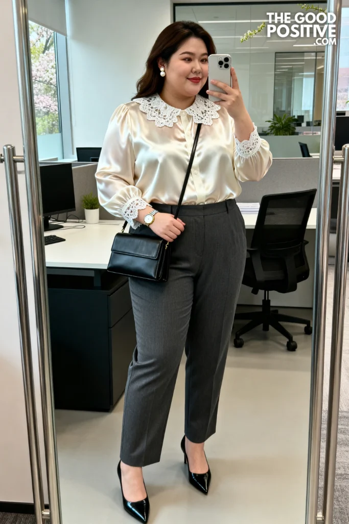 Plus Size Lace-Trim Blouse With Tailored Straight-Leg Trousers Spring Work Outfit