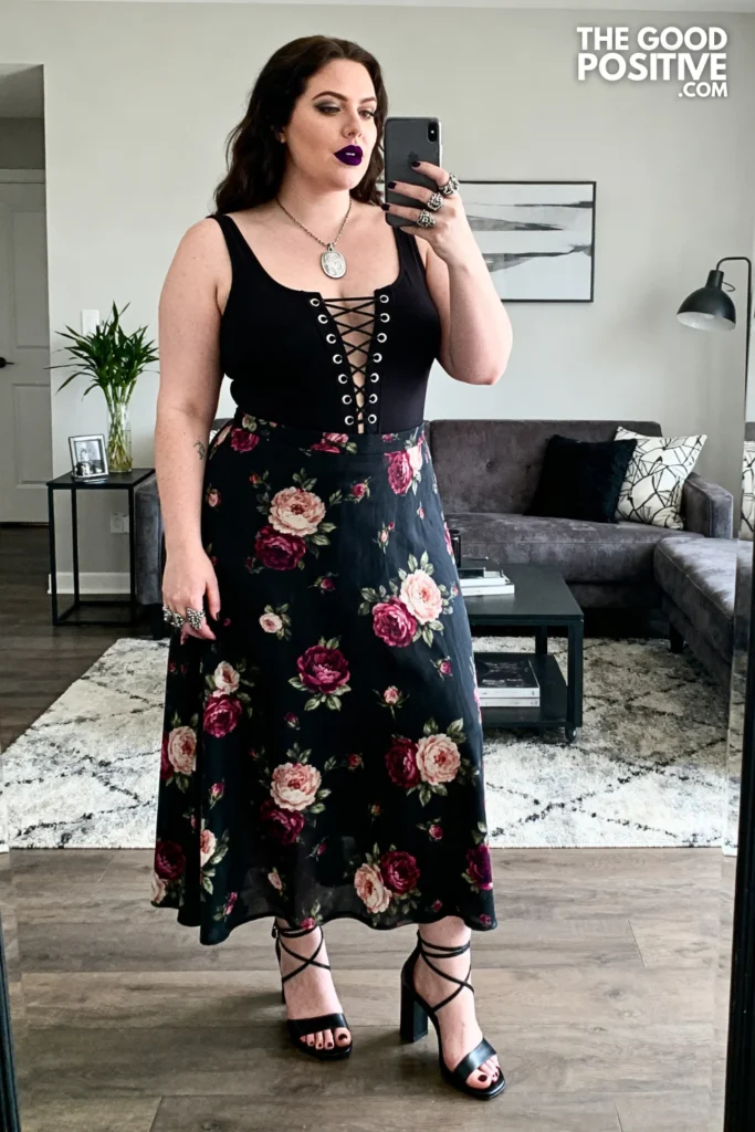Plus Size Lace-Up Front Bodysuit and Dark Floral Maxi Skirt Outfit