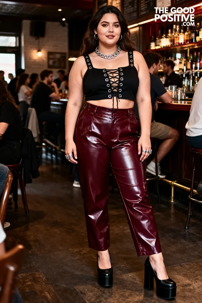 Plus Size Lace-Up Front Top and Vinyl Pants Outfit