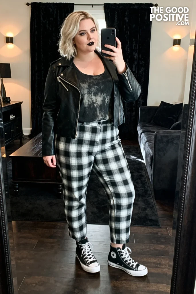 Plus Size Leather Jacket and Band Tank with Checkered Pants Outfit