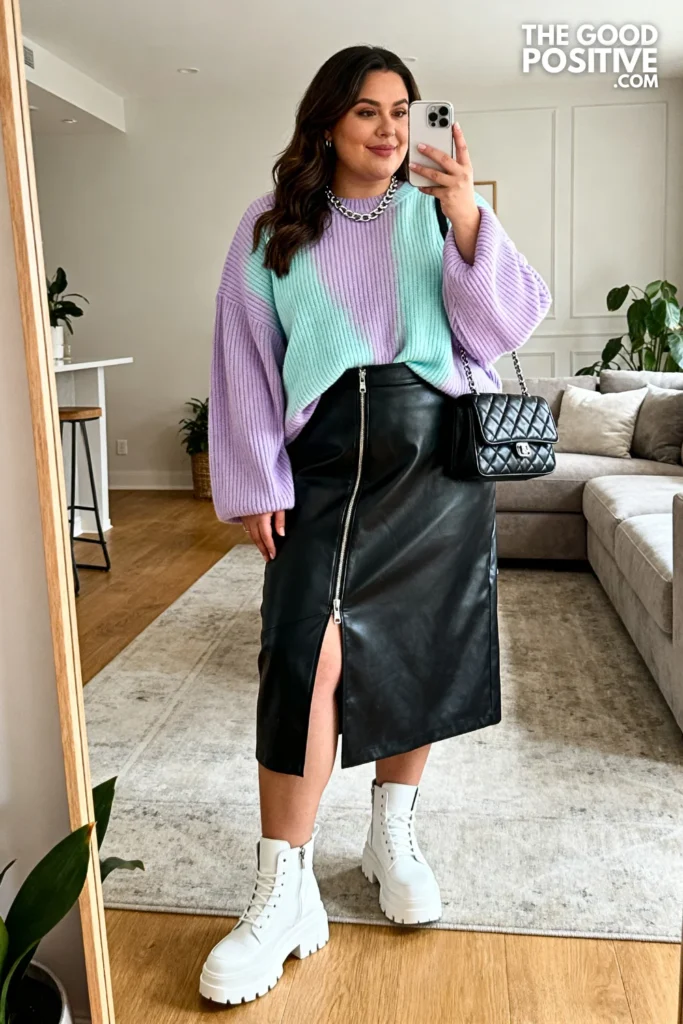 Plus Size Leather Midi Skirt With Oversized Pastel Sweater Outfit