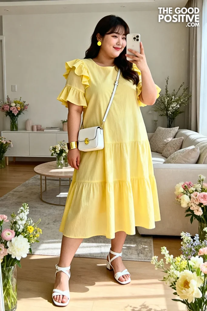 Plus Size Lemon Yellow Tiered Sleeve Dress Outfit
