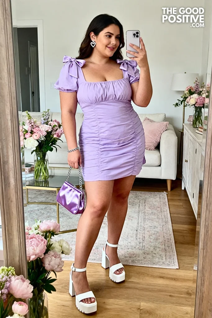 Plus Size Lilac Square Neck Mini Dress with Bow Details Outfit