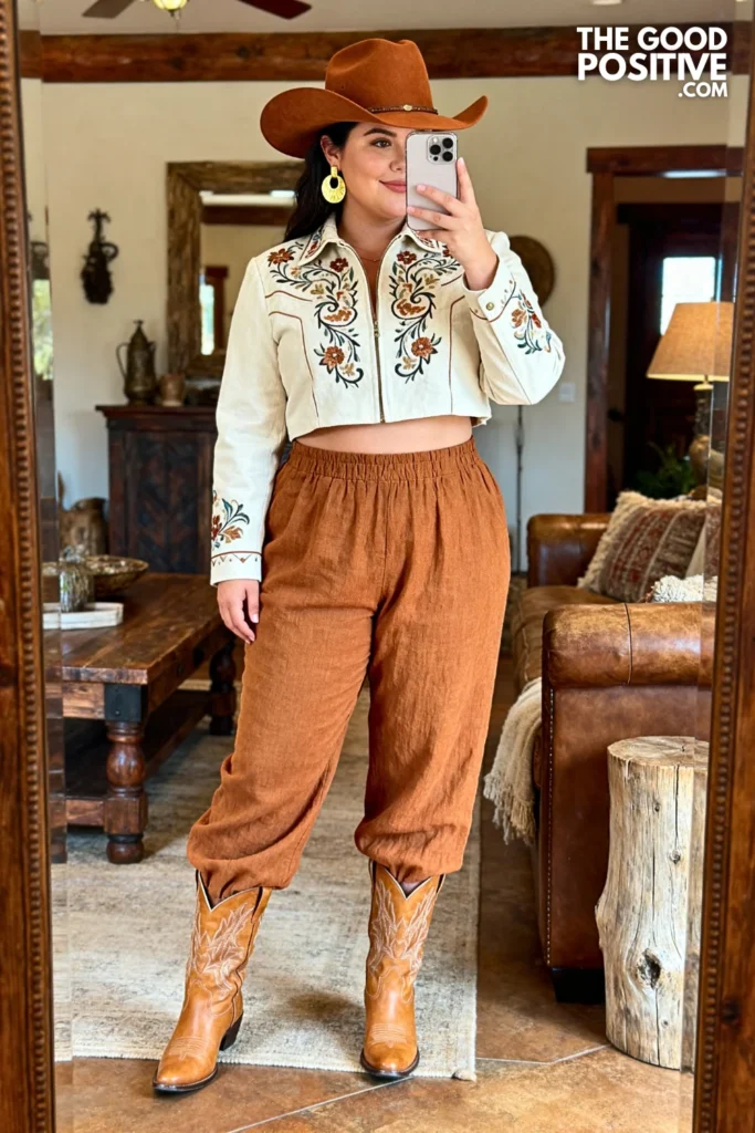 Plus Size Linen Barrel-Leg Pants With Cropped Embroidered Western Jacket And Tan Cowgirl Boots Outfit