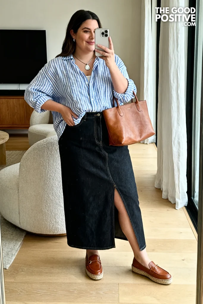 Plus Size Long Denim Skirt With Striped Linen Shirt Outfit