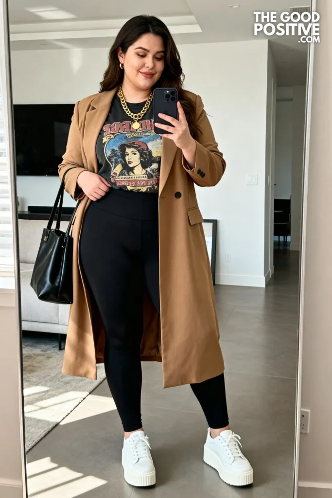 Plus Size Longline Blazer and Graphic Tee Legging Outfit