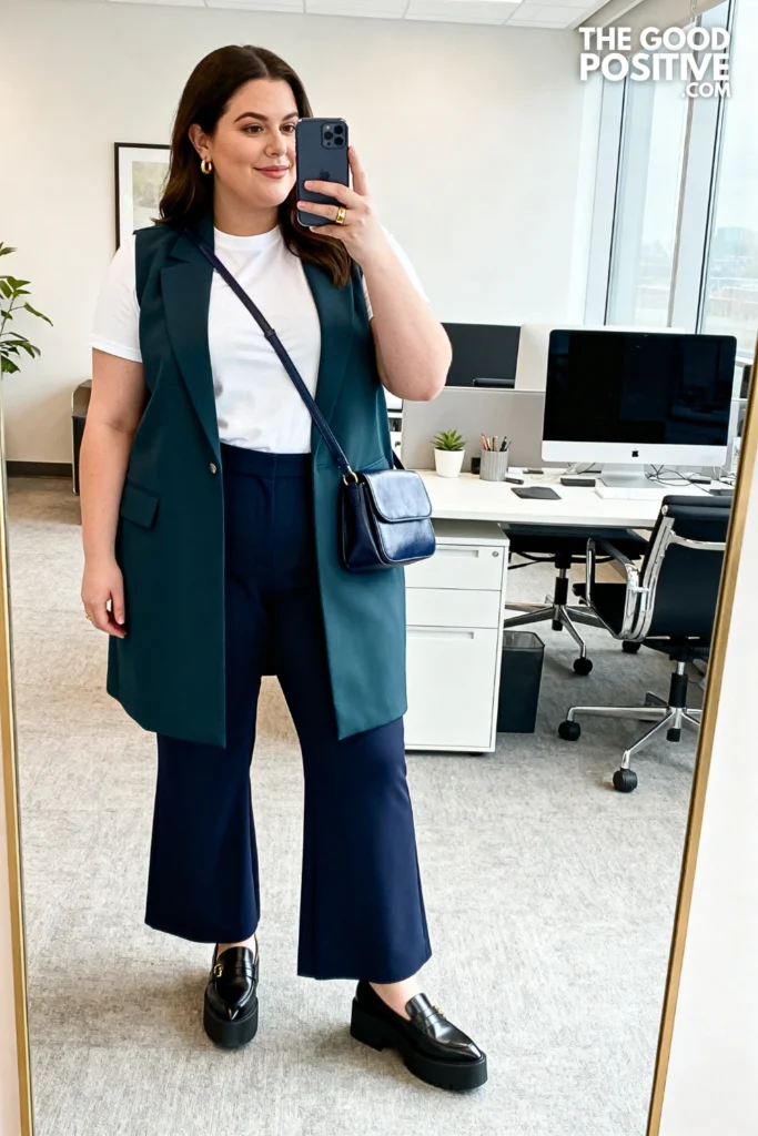 Plus Size Longline Vest Over Flared Trousers With Fitted Tee Office Outfit