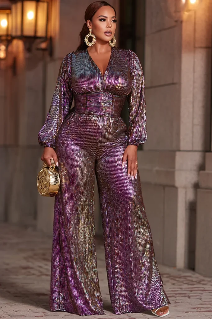 Plus Size Mardi Gras Purple V Neck Long Sleeve Wide Leg Elegant Pocket Metallic Knit Jumpsuit