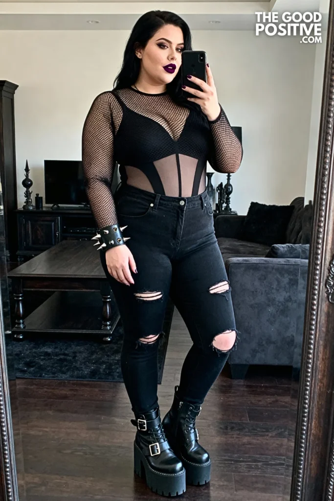 Plus Size Mesh Long Sleeve Bodysuit with Ripped Skinny Jeans Outfit