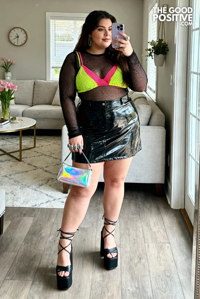 Plus Size Mesh Long Sleeve Top and Vinyl Mini Skirt Club Outfit