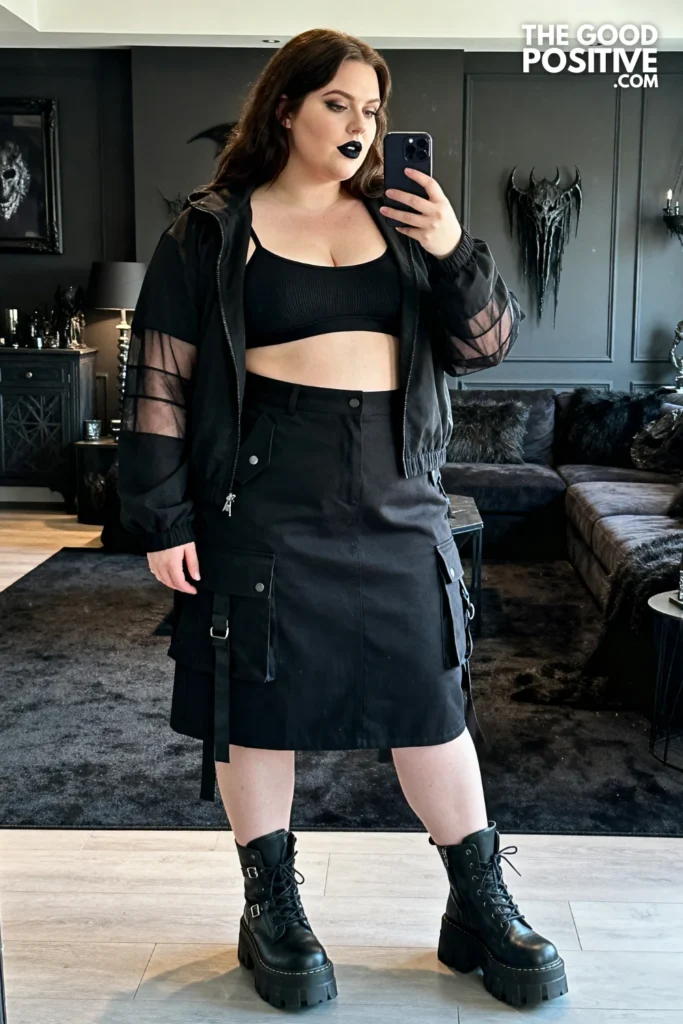 Plus Size Mesh Panel Jacket and Black Tube Top with Cargo Skirt Outfit