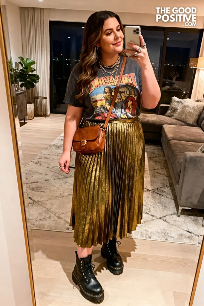 Plus Size Metallic Pleated Skirt and Band Tee Outfit