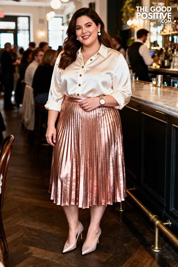 Plus Size Metallic Pleated Skirt and Silk Blouse Outfit